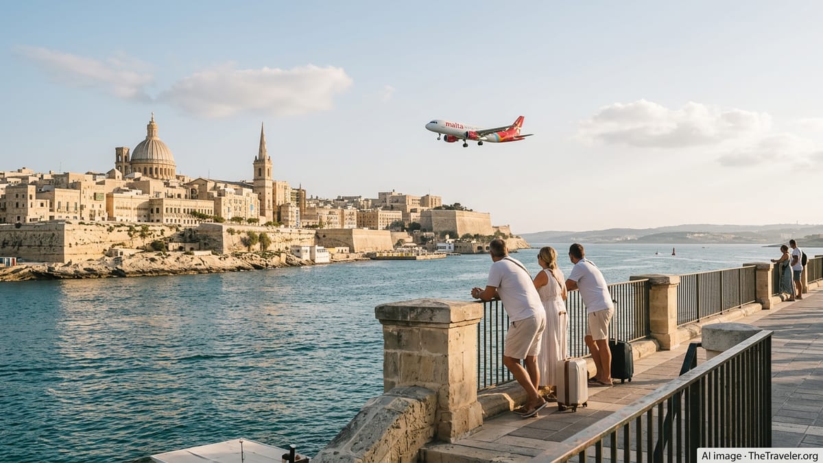 View over Valletta harbor with a KM Malta Airlines jet approaching and travelers watching from a stone promenade.