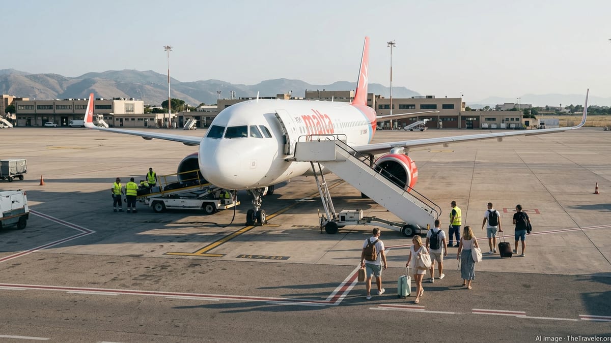 KM Malta Airlines jet on the Palermo airport apron boarding passengers for a flight to Malta.