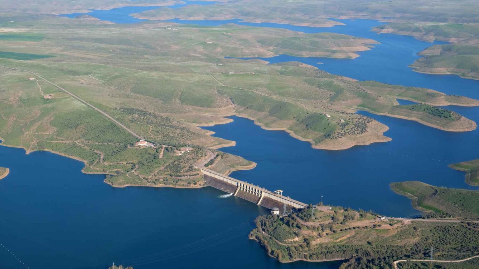 Aerial view of La Serena reservoir and dam in Spain, where floodgates were opened during a rare high-water event