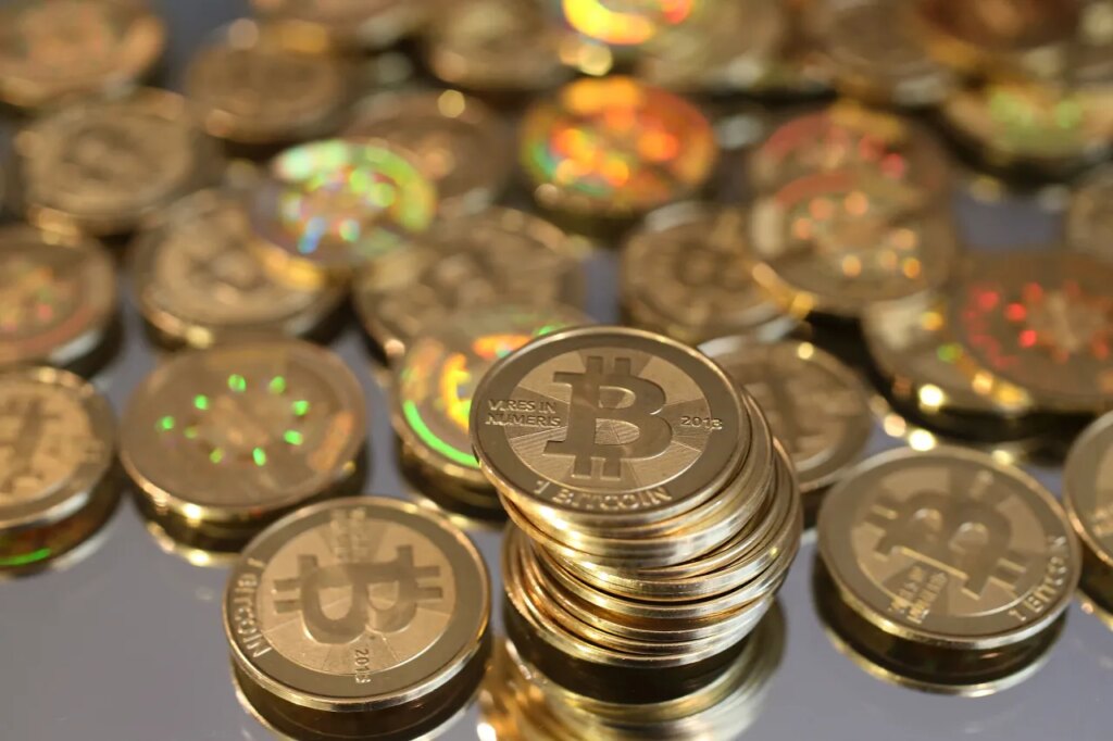 A pile of Bitcoins are shown here after Software engineer Mike Caldwell minted them in his shop on April 26, 2013 in Sandy, Utah. (Photo by George Frey/Getty Images)