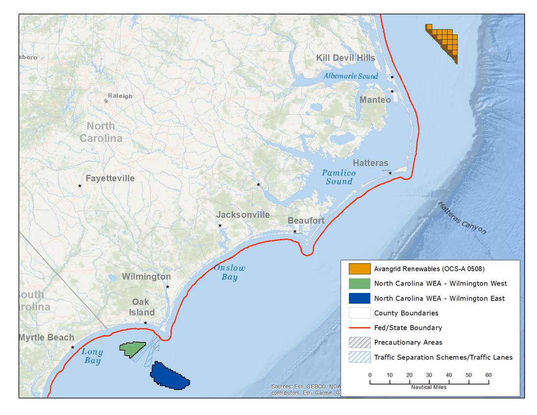 The two parts of the Wilmington East Wind Energy Area are shown off Oak Island and Cape Fear on this map from the  Bureau of Ocean Energy Management.
