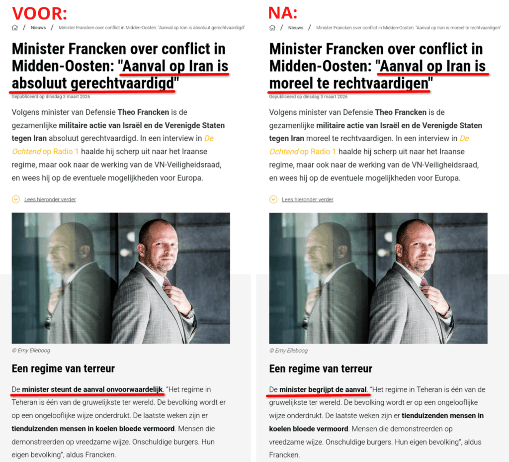 N-VA secretly changes communication from Theo Francken, who calls the war of aggression against Iran “absolutely justified” and which he “unconditionally supports” N-VA secretly changes communication from Theo Francken, who calls the war of aggression against Iran "absolutely justified" and which he "unconditionally supports"