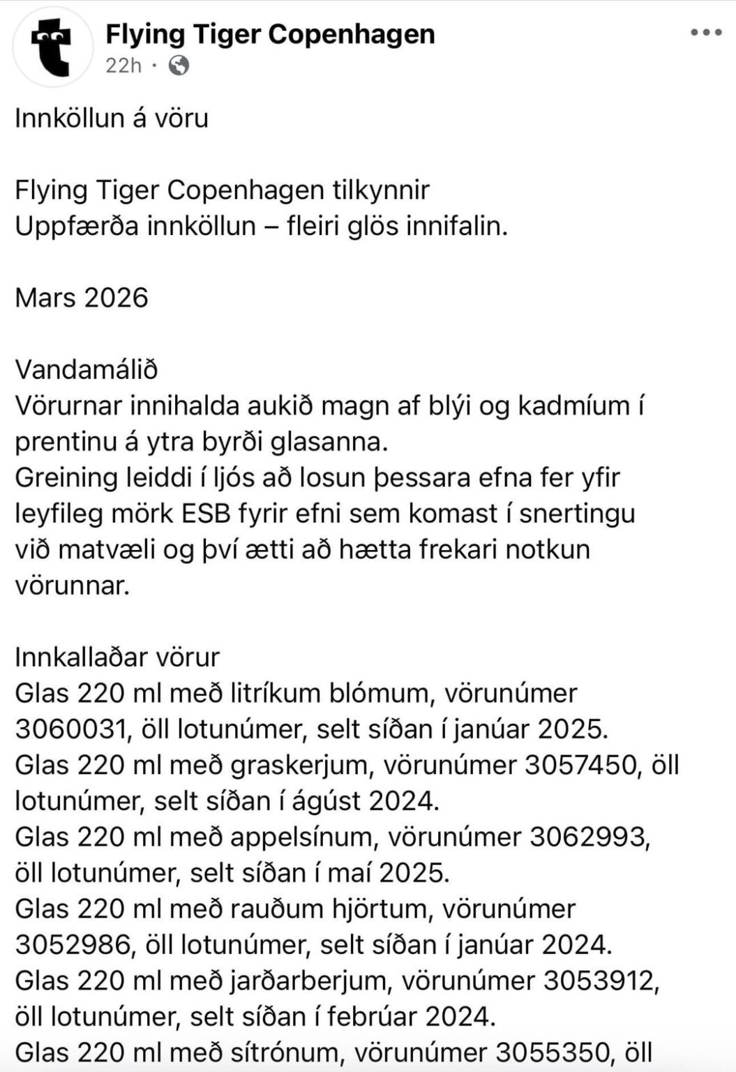 Recall of Tiger glasses due to lead and cadmium Recall of Tiger glasses due to lead and cadmium