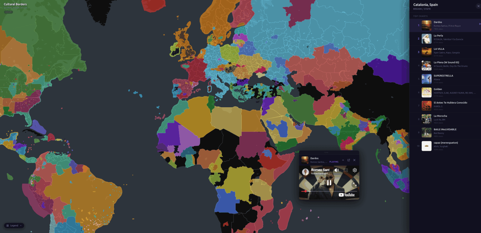 [OC] Cultural Borders: A real-time interactive map of what the world is listening to (YouTube Charts)