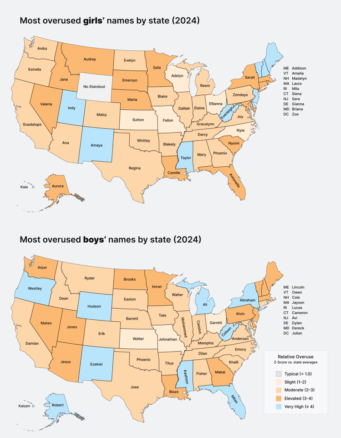 [OC] Most "Overused" Baby Names in Each State (2024)