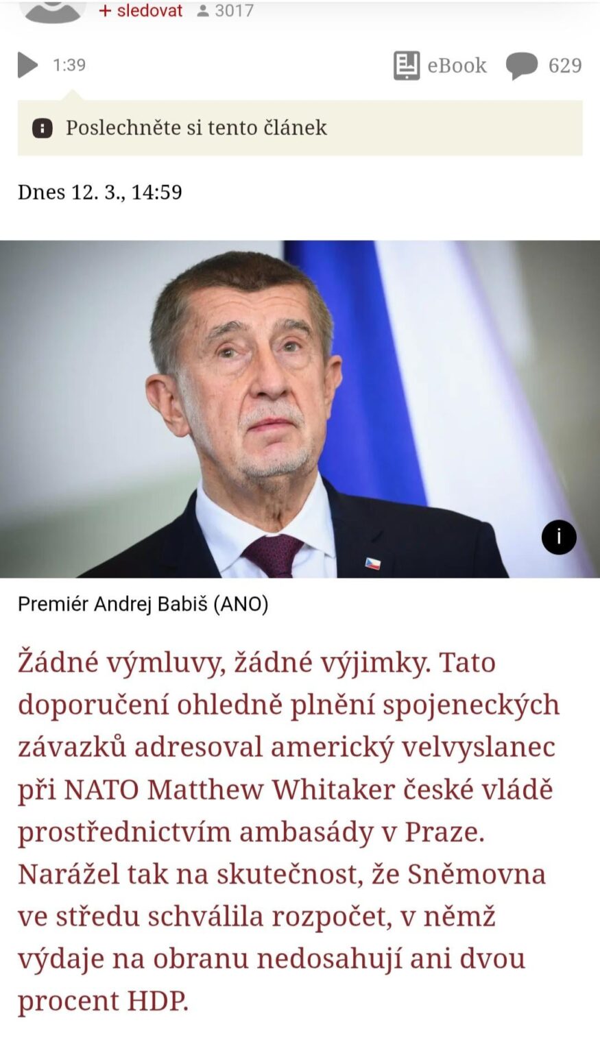 The US ambassador to NATO rejects Babiš's exceptions