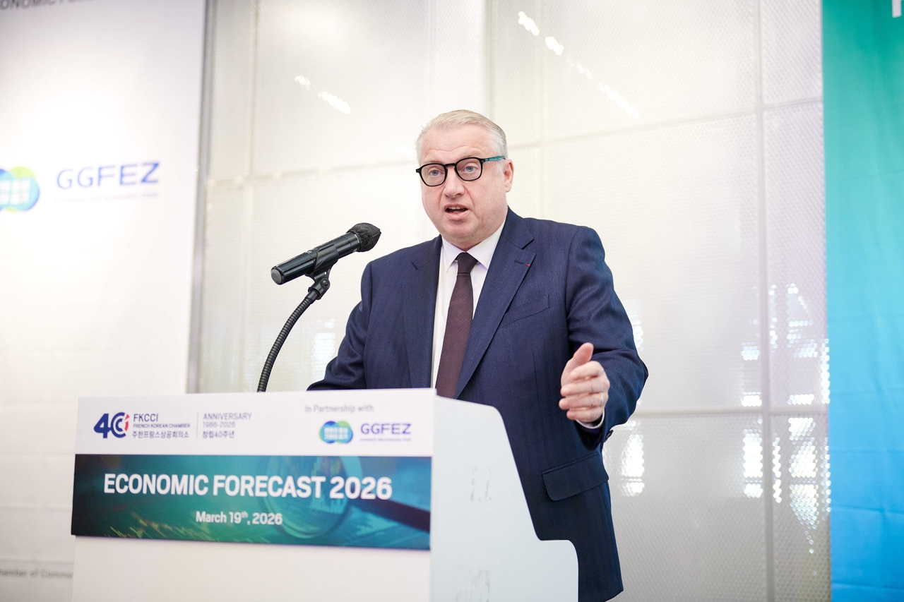 David-Pierre Jalicon, chairman of the French-Korean Chamber of Commerce and Industry, delivers an opening speech at the Economic Forecast 2026 event held at Some Sevit near Banpo Hangang Park in southern Seoul, Thursday. (French-Korean Chamber of Commerce and Industry)