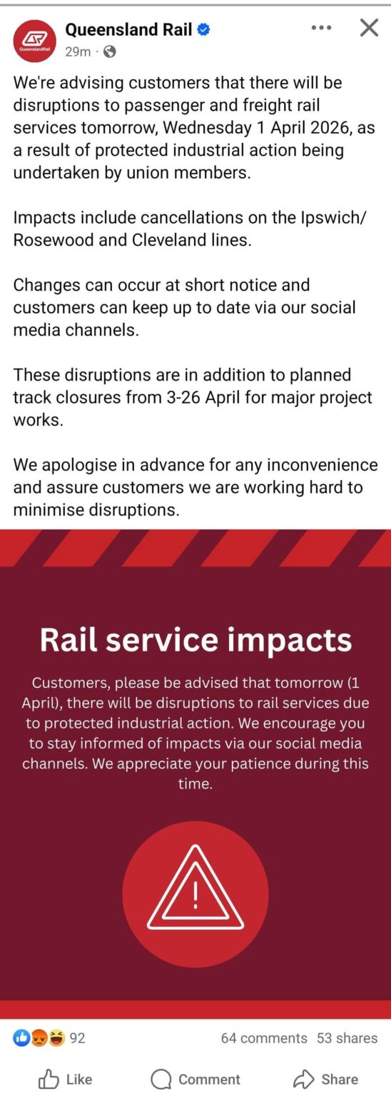 Cancellations are likely on the Ipswich/Rosewood line and the Cleveland line tomorrow