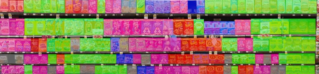 [OC] Boxes of cereal in a grocery store, colored by Brand