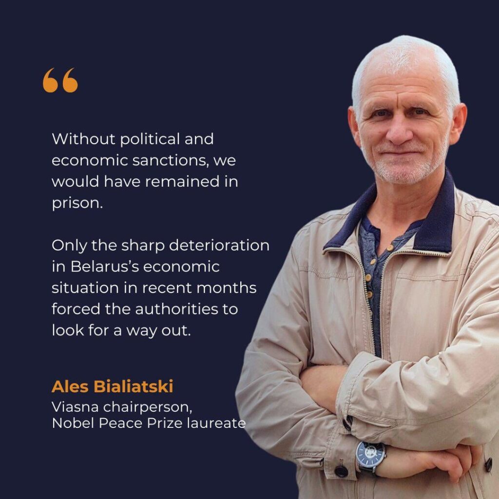 Nobel Peace Prize laureate and former political prisoner in Belarus Ales Bialiatski has warned in an interview with The Times against relaxing sanctions on Lukashenka’s authoritarian regime. Nobel Peace Prize laureate and former political prisoner in Belarus Ales Bialiatski has warned in an interview with The Times against relaxing sanctions on Lukashenka’s authoritarian regime.