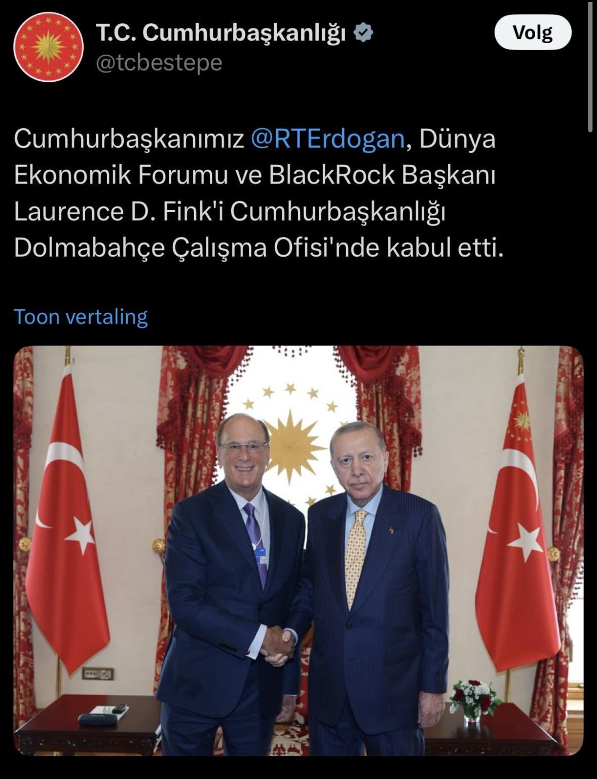 Workd Economic Forum co-chairman and BlackRock founder Larry Fink and Cb Erdoğan met