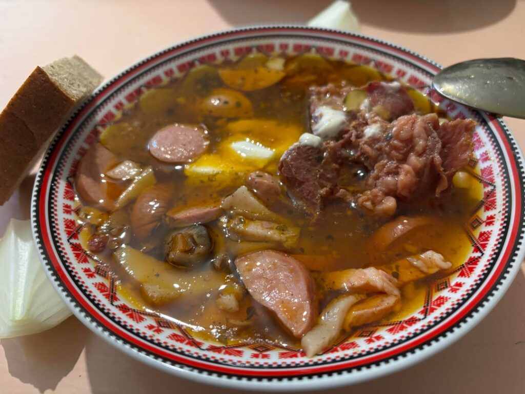 Today’s lunch in my military unit somewhere in Ukraine: solyanka soup, mashed potatoes with meat and vegetable stew, and vinaigrette salad