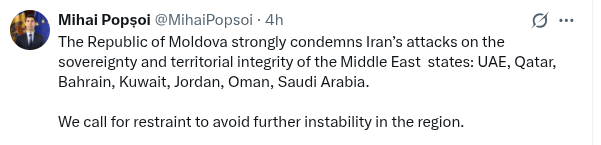 The Republic of Moldova strongly condemns Iran’s attacks on the sovereignty and territorial integrity of the Middle East states: UAE, Qatar, Bahrain, Kuwait, Jordan, Oman, Saudi Arabia.