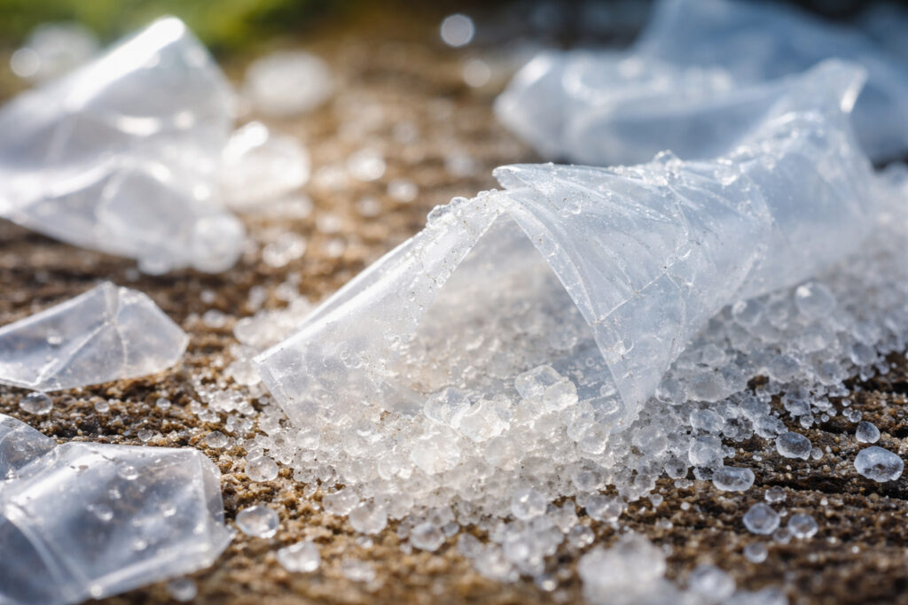 Fragments of biodegradable plastic degrading into sugar-like crystals on a natural surface, illustrating an innovation developed by scientists at EPFL.