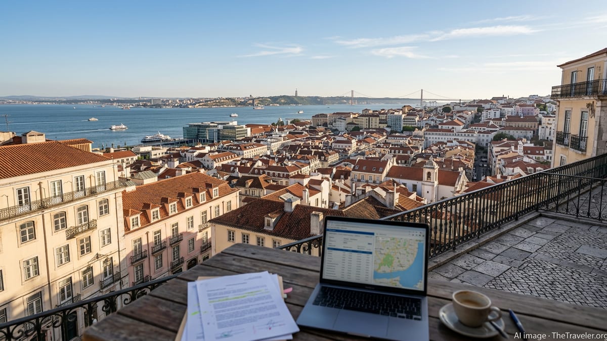 View over Lisbon waterfront and hills from a terrace with documents in the foreground