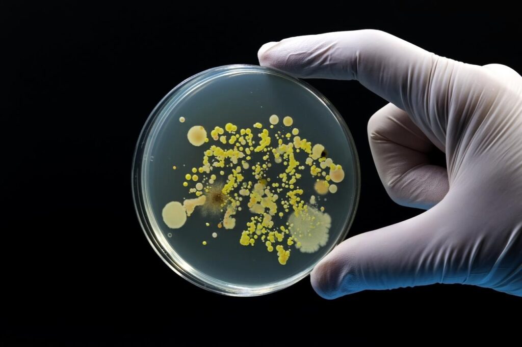 Antibiotic-resistant bacterial colonies grow in a petri dish, highlighting the rising threat of drug-resistant infections. (Adobe Stock Photo)