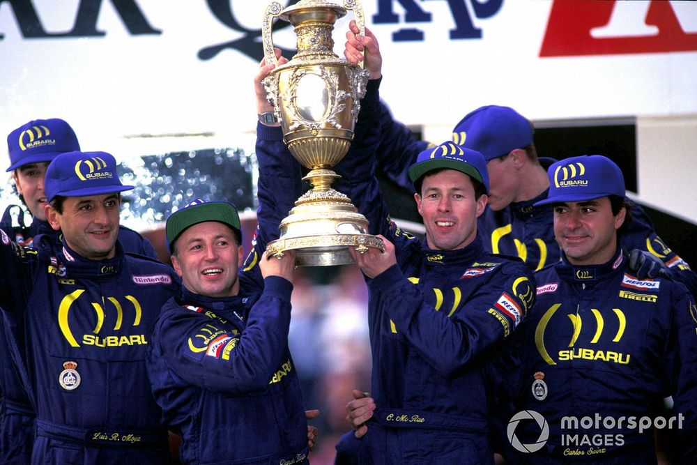 Robert Reid, Luis Moya, Derek Ringer, Colin McRae, Richard Burns and Carlos Sainz, Subaru