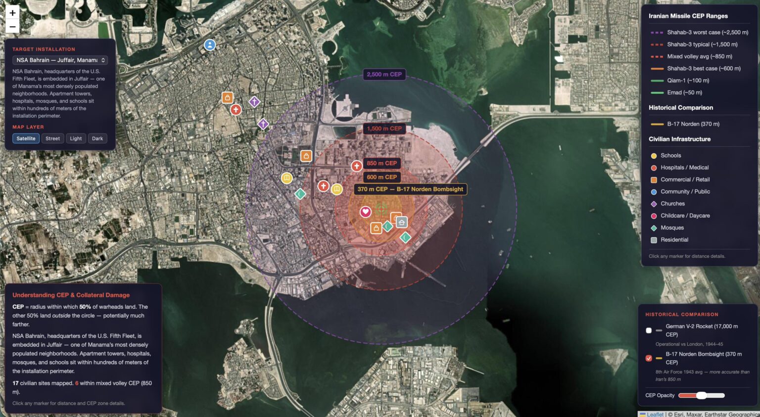 [OC] Iran is firing munitions at military targets, but they have less accuracy than the munitions used in the carpet bombing of Europe during WW2.