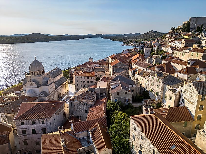 Aerial view of Šibenik, Croatia, with the Cathedral of St James in the historic city center