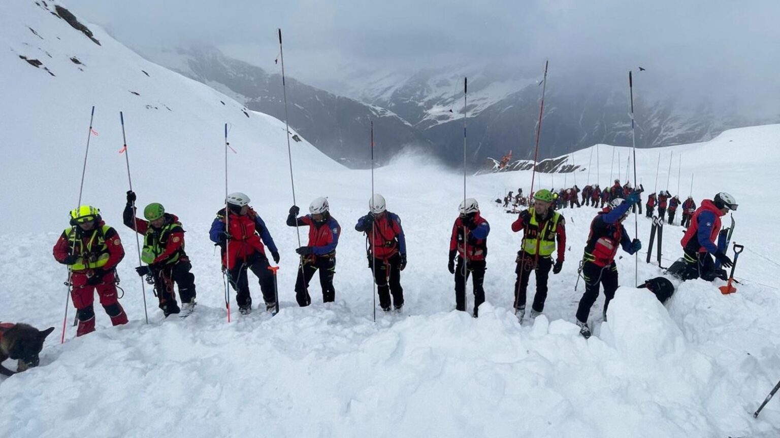 Rescuers search the site of the avalanche in Val Ridanna, in Alto Adige, northern Italy. Pic: Italian Alpine, National Alpine & CNSAS/AP
