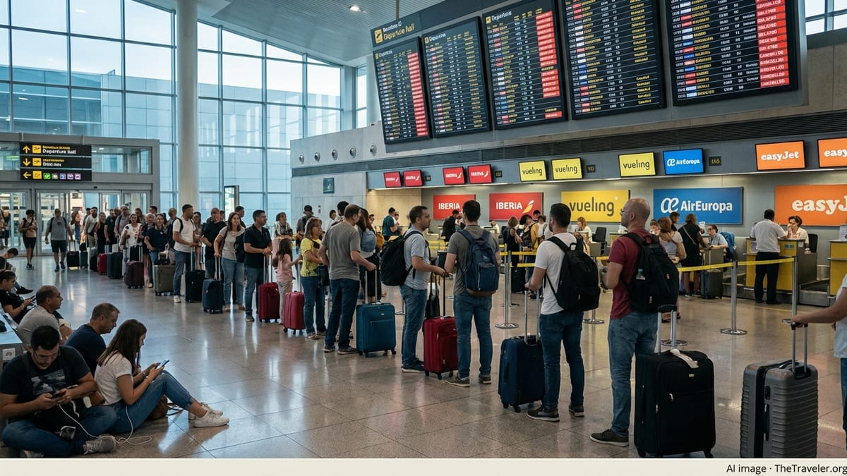 Crowded departure hall in a Spanish airport with passengers waiting under boards of delayed and cancelled flights.