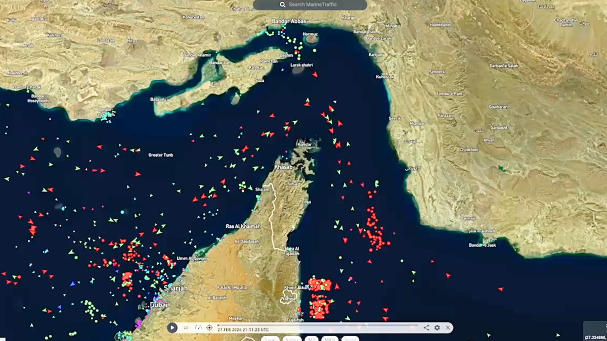A screenshot of a marine traffic terminal showing vessels in the Strait of Hormuz.