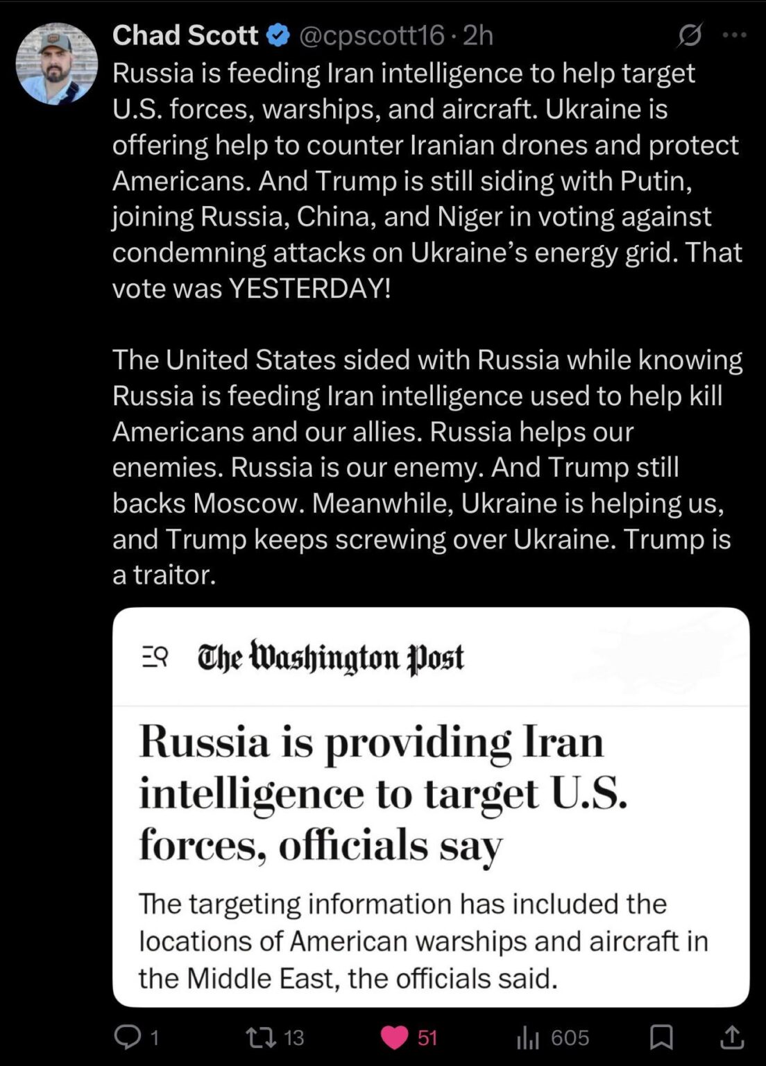 Russia is helping Iran to attack American troops, but Trump is still with Putin