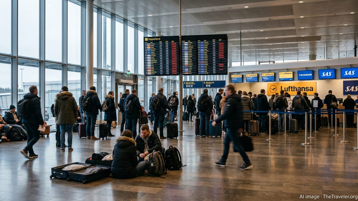 Passengers wait in queues under departure boards showing cancellations at Stockholm Arlanda Airport.