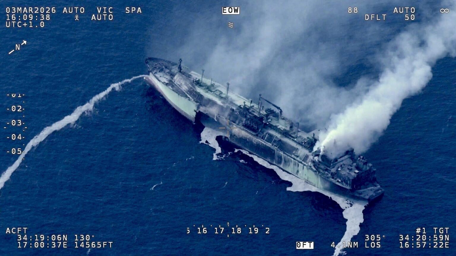 The smoking hulk of sanctioned Russian LNG tanker Arctic Metagaz, which suffered a massive explosion in the Mediterranean early yesterday