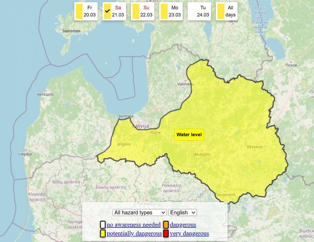 Yellow alert still in place for water levels in eastern Latvia / Article Water level warning