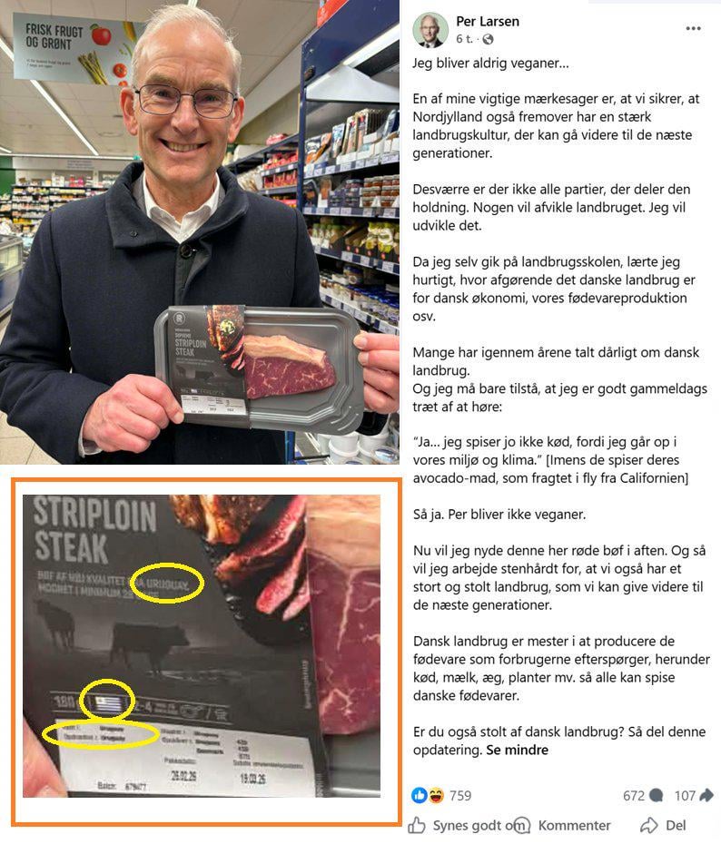 What is the best way to support Danish agriculture? You do that, of course, by buying a striploin steak from Uruguay.