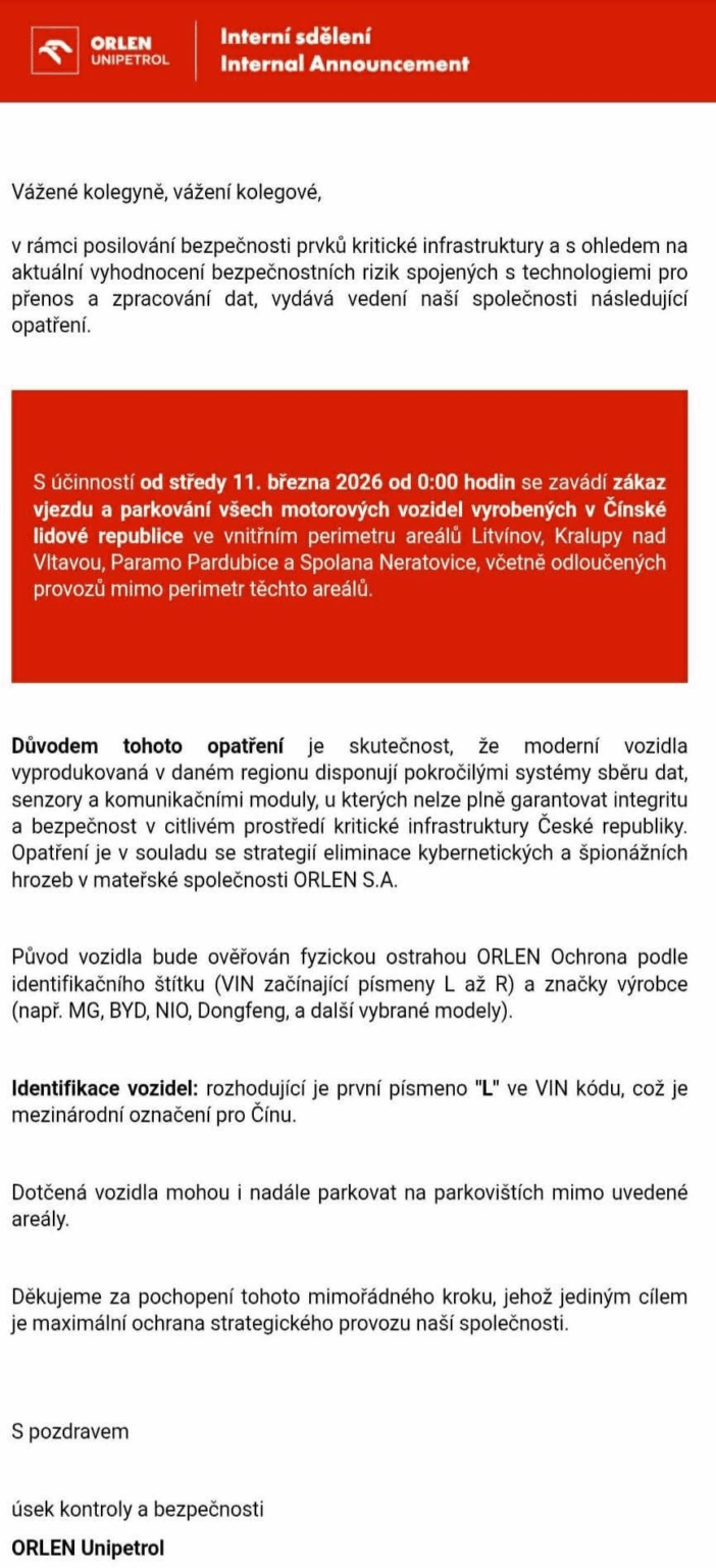 Orlen banned Chinese cars from entering the compound due to espionage