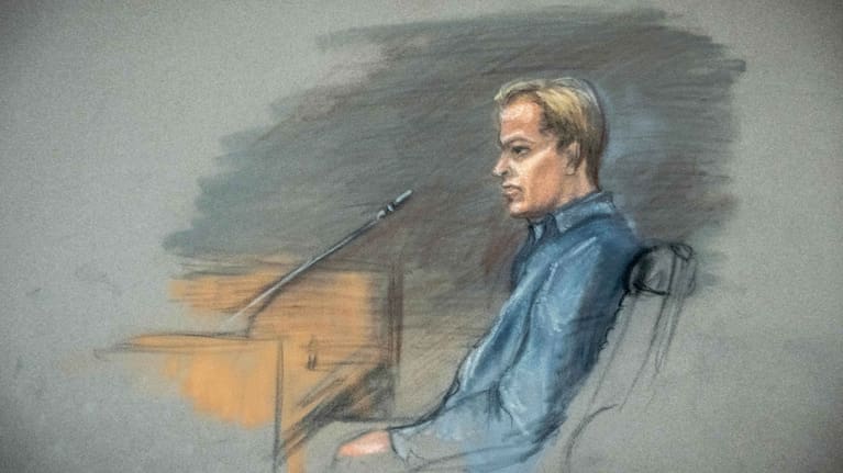 This court sketch by Ane Hem shows the defendant Marius Borg Hoiby in the witness box during his trial in Oslo, Norway, February 5, 2026. 