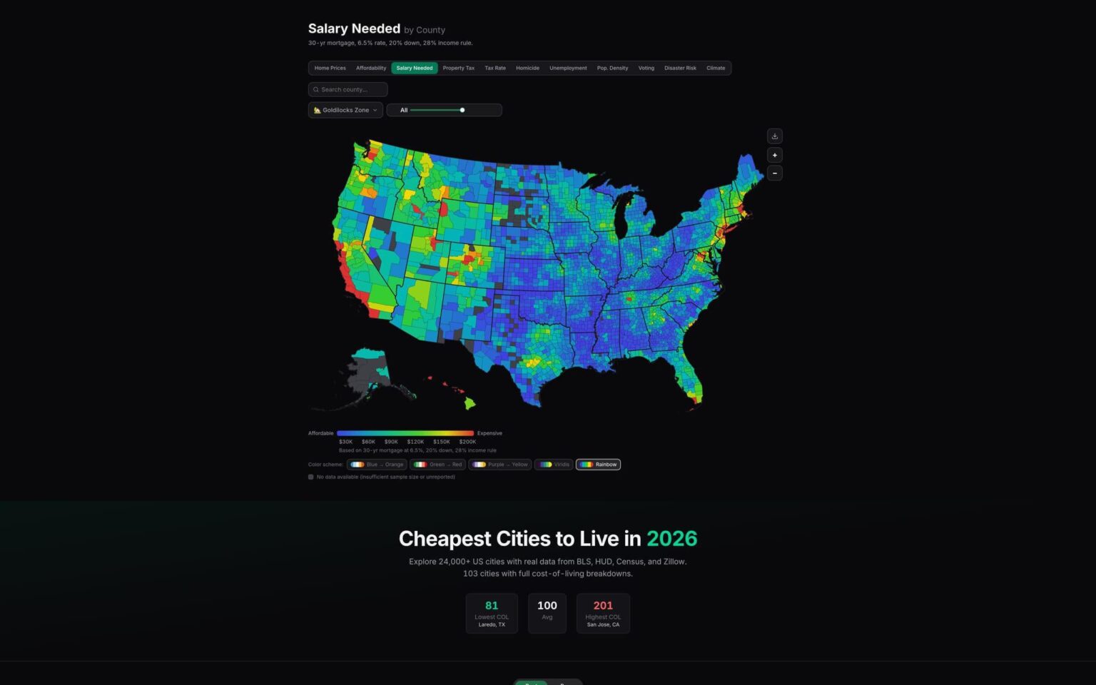 salary needed to buy a home in every US county, based on real mortgage math [OC]