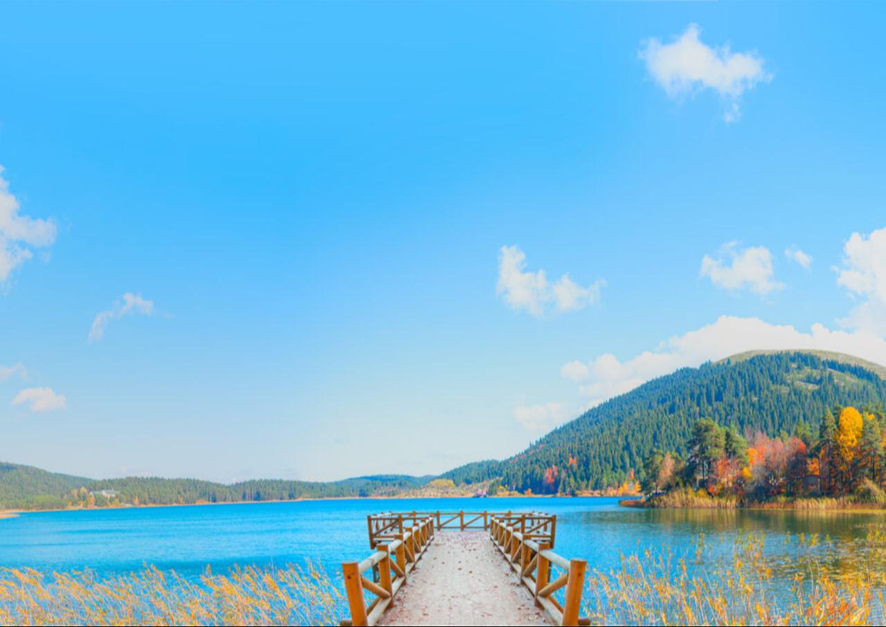 Reflection on the water with wooden pier, Abant National Park, Bolu, Türkiye. (Adobe Stock Photo)