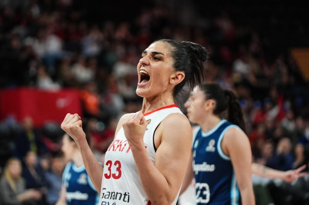 Türkiye’s national player Esra Ural Topuz celebrates after scoring during the FIBA Women’s World Cup Qualifiers Group C game between Türkiye and Argentina at the Turkcell Basketball Development Center in Istanbul, March 12, 2026. (AA Photo)
