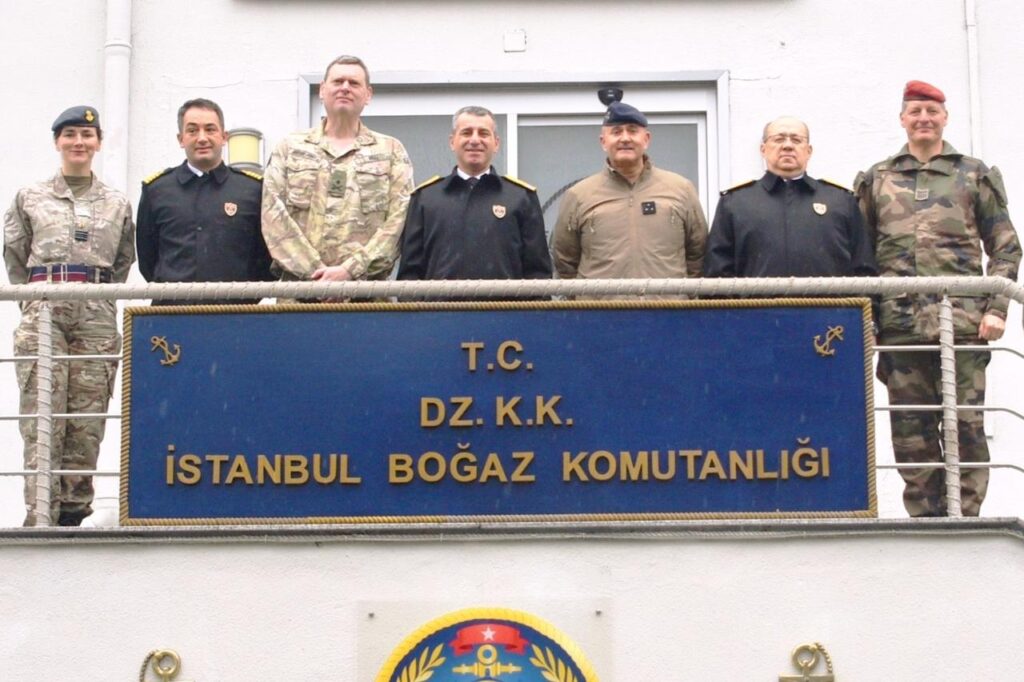 Naval officers from Türkiye, France, and the United Kingdom visit the Maritime Component Command (MCC) in Anadolukavagi, Beykoz, Istanbul, Türkiye, March 24, 2026. (Photo via X/@tcsavunma)