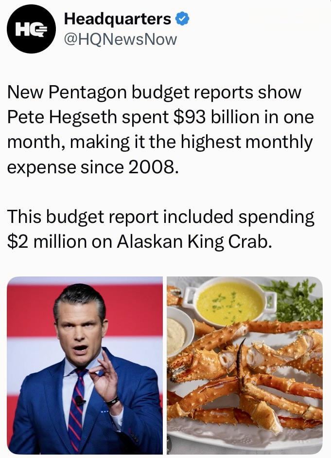 Pete Hegseth keeps spending like that, the U.S. national debt is going to need its own GoFundMe page. 💀
