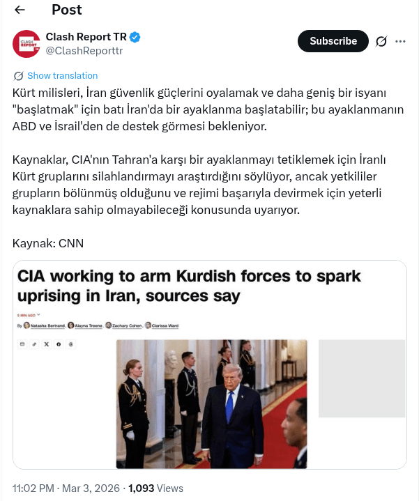 According to sources, the CIA is trying to arm Kurdish forces to start an uprising in Iran: CNN