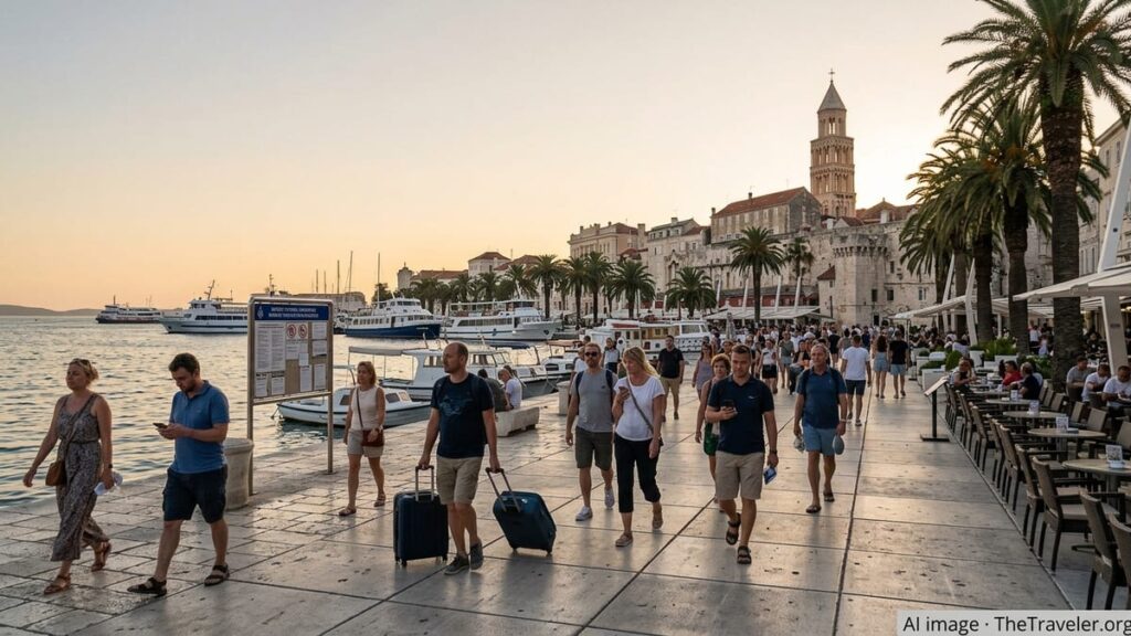 Tourists walking along Split’s waterfront promenade at sunset with signs and historic buildings visible.