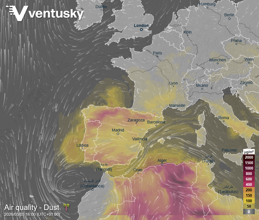 A significant amount of Saharan dust is reaching southwestern Europe. Concentrations are expected to peak there tomorrow.