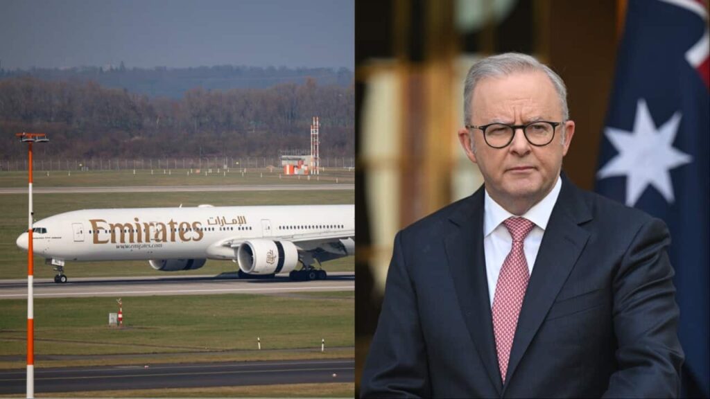 A composite image of an Emirates plane and Anthony Albanese.