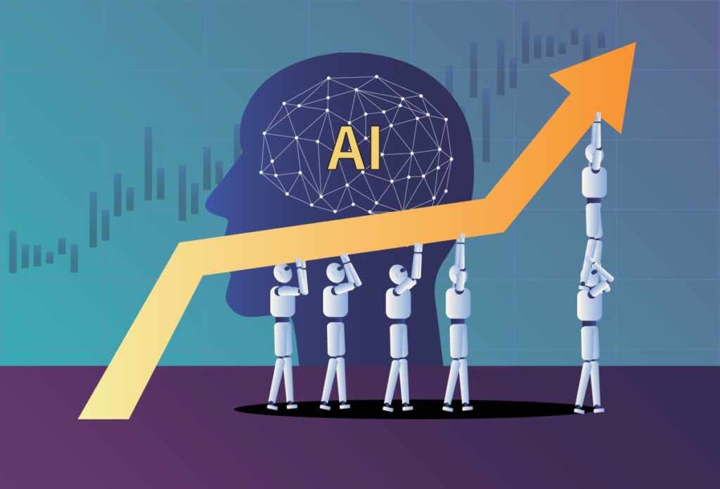 What Are the 2 Top Artificial Intelligence (AI) Stocks to Buy Right Now? AI robots holding chart going up and right.