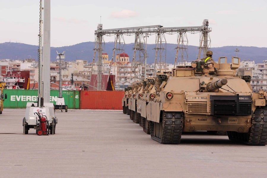 US soldiers stage M1 Abrams tanks at the Port of Alexandroupolis, Greece, March 21, 2022. Credit: Army Spc. Austin Steinborn/DoD