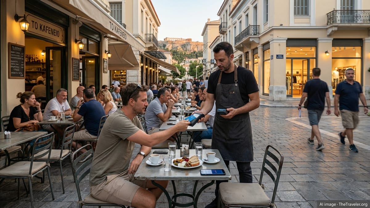 Traveler pays by contactless card at an outdoor cafe in Athens, Greece