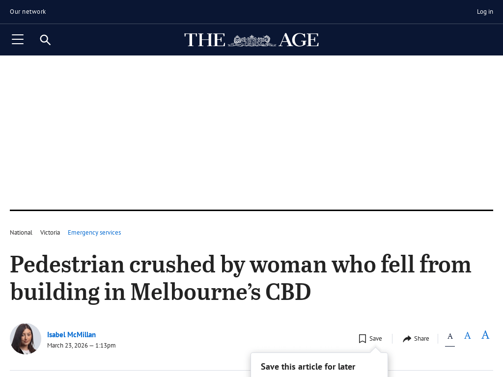 Pedestrian crushed by woman who fell from building in Melbourne’s CBD