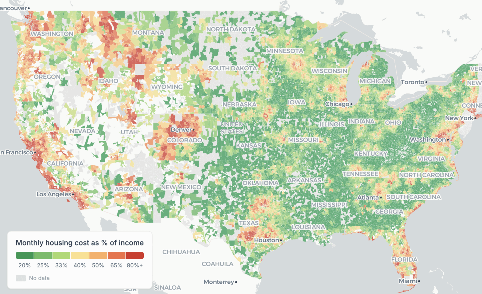 [OC] Housing affordability is local, so I mapped 26,000 U.S. ZIP codes by cost burden, and at the median income, only 53% are affordable.