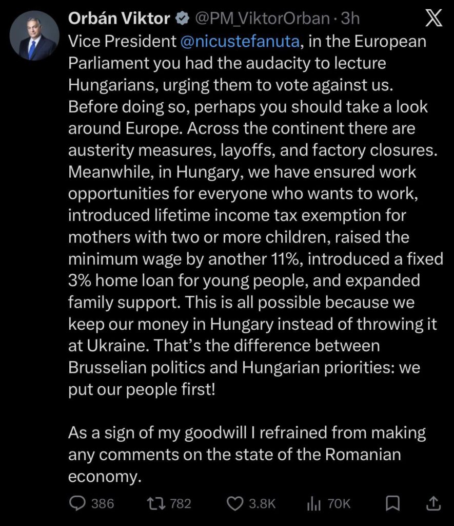 Viktor Orbán answers Nicu Ștefănuță