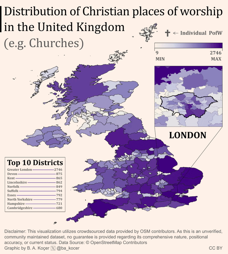 [OC] Distribution of places of worship by Religion in the United Kingdom