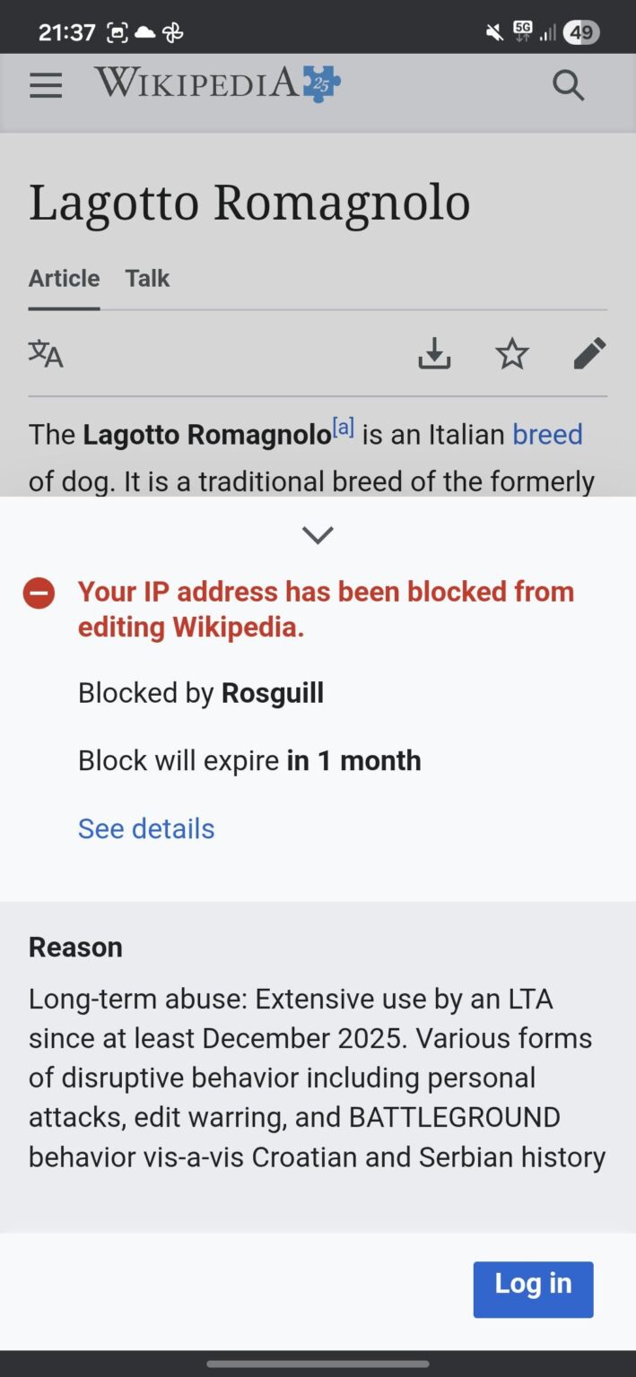 I have never read any article on wikipedia and I have a ban